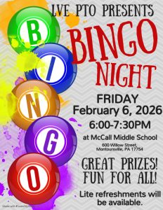 Bingo Night Friday, February 6, 2026 6-7:30PM at McCall Middle School Lite refreshments available